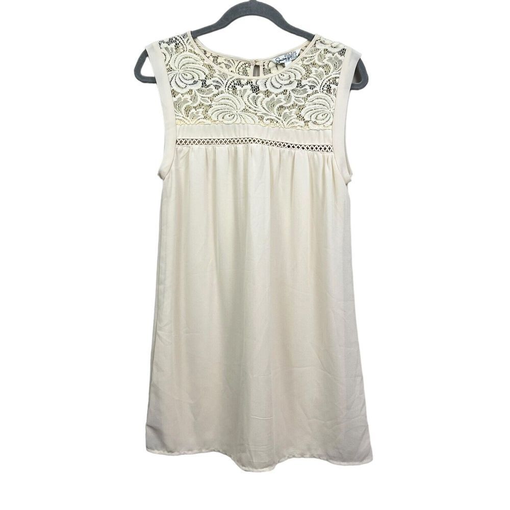 Speechless Womens Shift Dress Sheer Lace Neckline Lined Sleeveless Cream Size L*